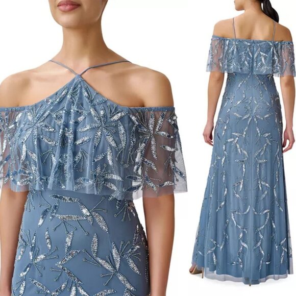 New! Aidan Mattox Blue Embellished Off-the-Shoulder Halter Gown 26753 - Picture 1 of 16